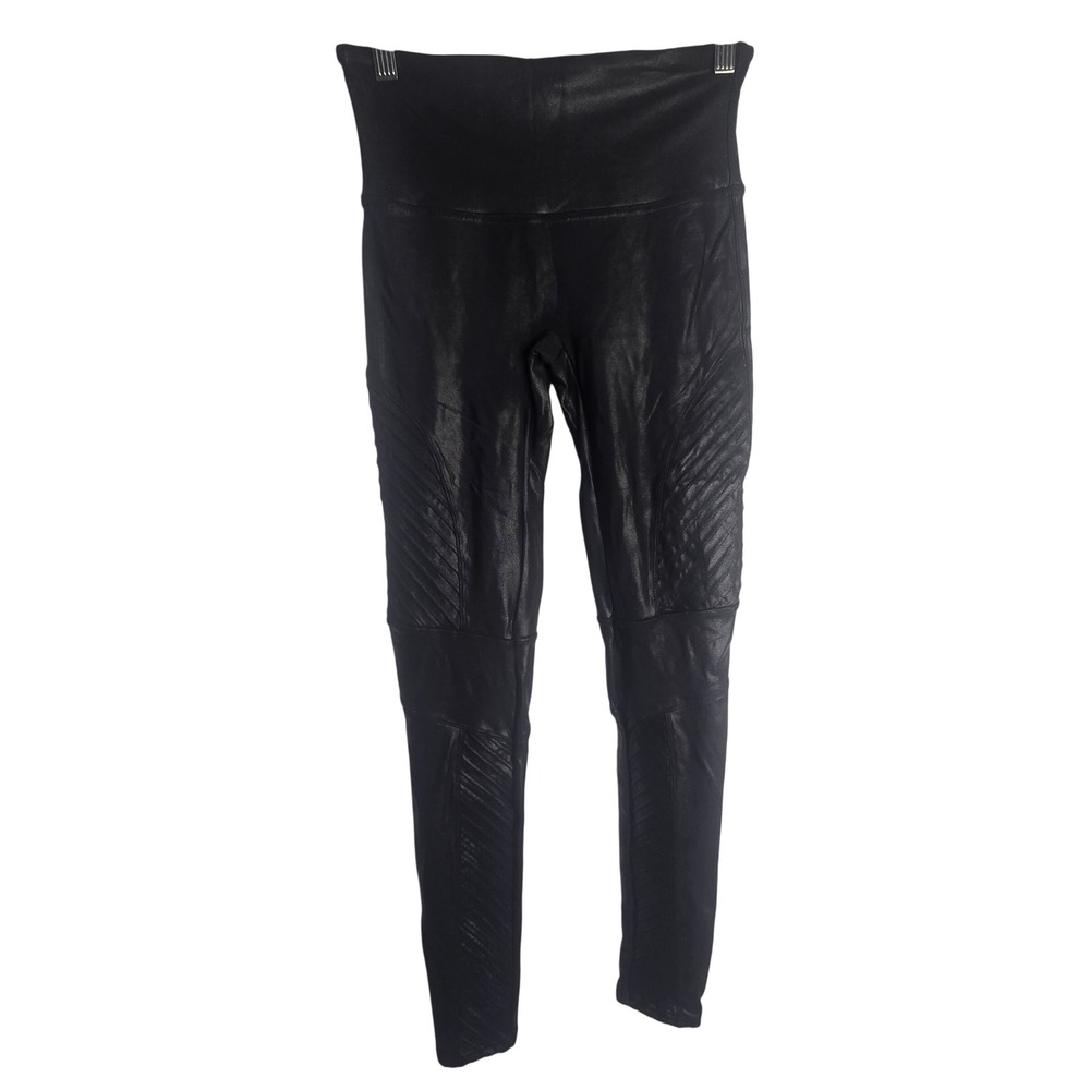 Spanx Faux Leather Moto Leggings Women M Black Nylon Biker Edgy Chic Shaping